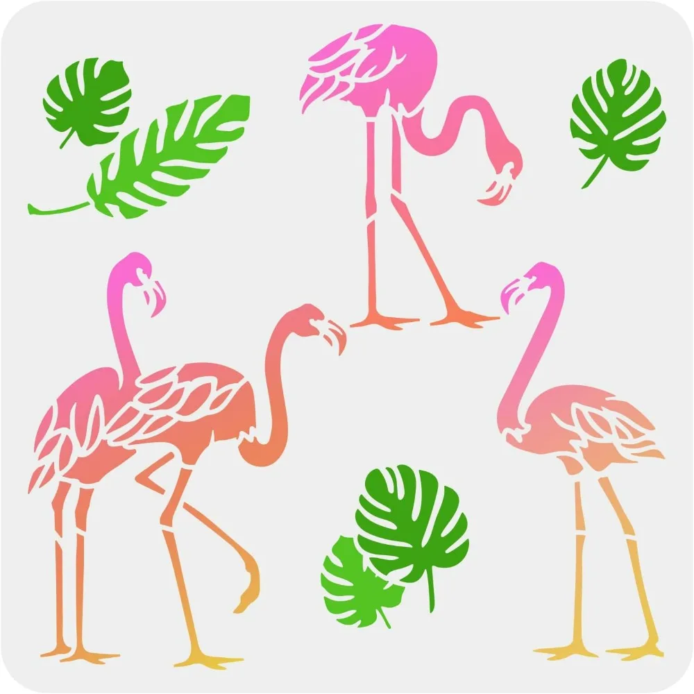 Flamingo Stencils for Painting 11.8x11.8inch Reusable Palm Tropical Leaves and Flamingos Drawing Template DIY Summer Themed