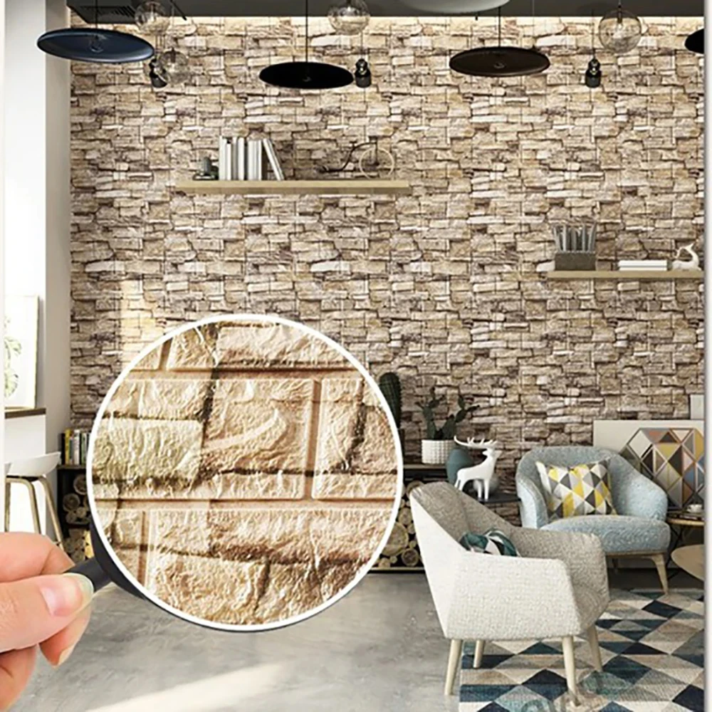 70cm*3m House Decoration 3D PVC Wall Stickers Paper Brick Stone Wallpaper DIY Rustic Effect Self adhesive Home Decor Sticker