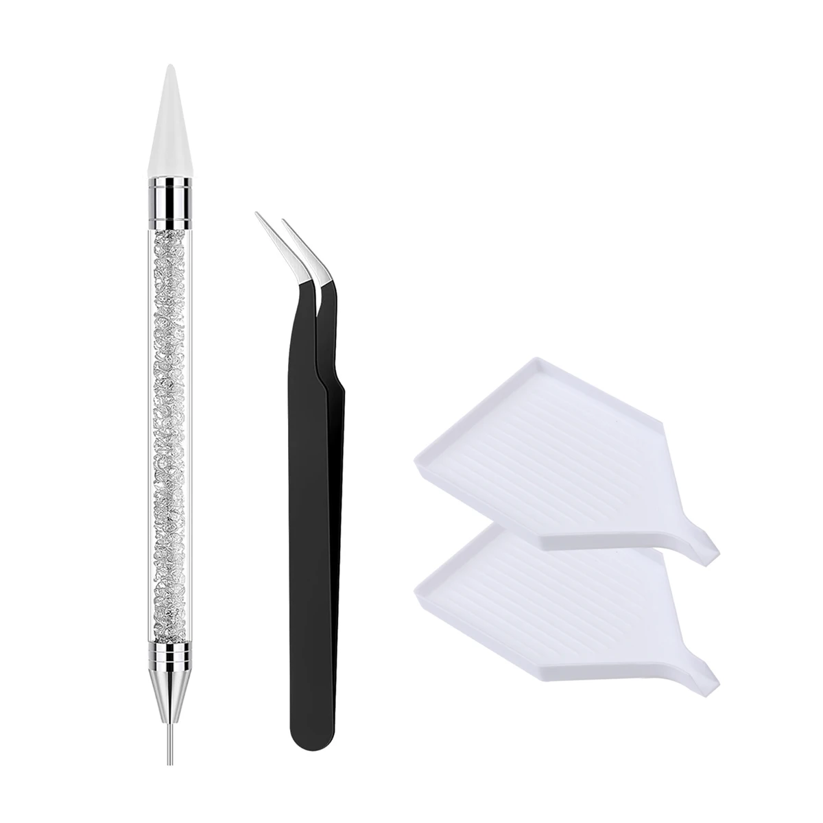 Doppelseitiges Nagelrhinestone-Pick-Tool-Set, Wachspunktierstifte, gebogene Pinzette, Rhinestone-Aufbewahrungsschale, DIY-Nagelkunst-Edelstein-Aufnahmewerkzeug