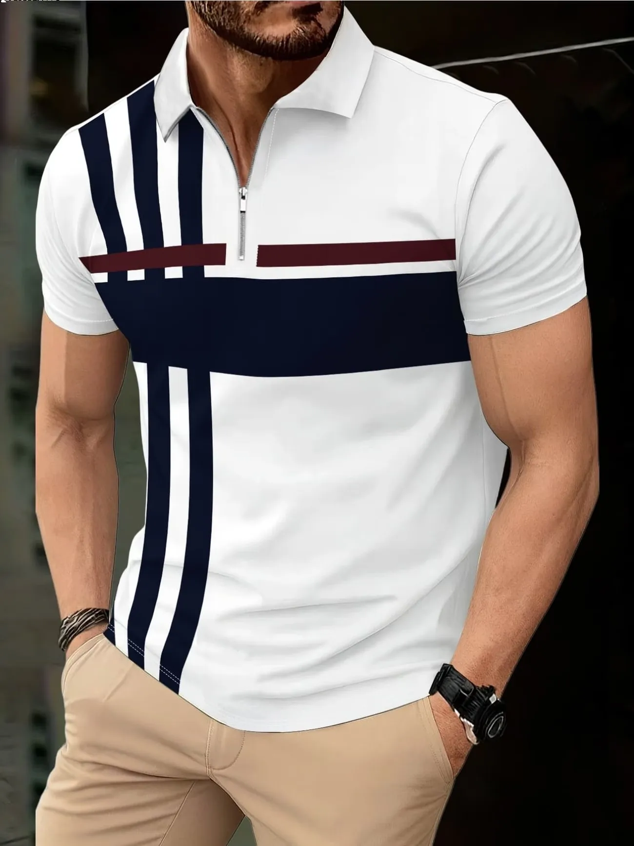 New summer men's short sleeved zipper striped top polo shirt