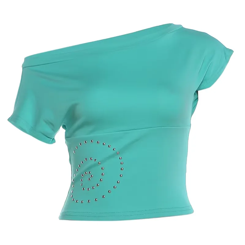 Women White One Shoulder Crop Top Side Studded Detail Short Sleeve Slim Fit Grunge Streetwear Summer Casual Night Club Wear