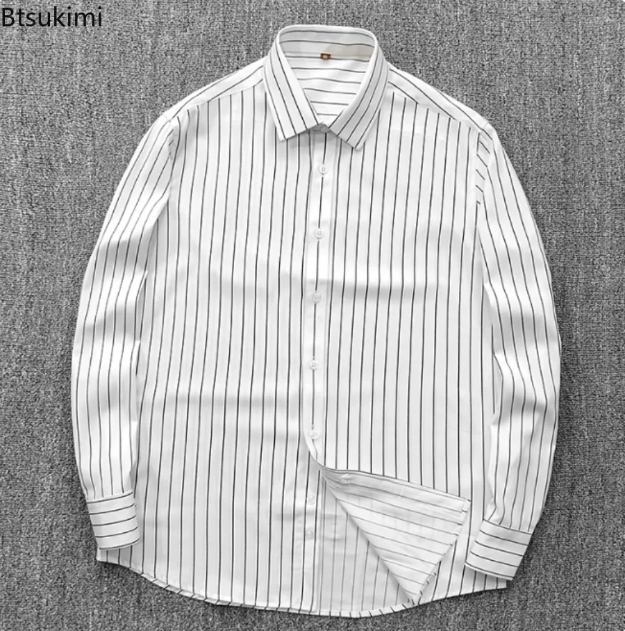 2026 Autumn Fashion Men's Shirts Business Casual Striped Long Sleeve Single Breasted Slim Shirt Anti Wrinkle Versatile Blouse
