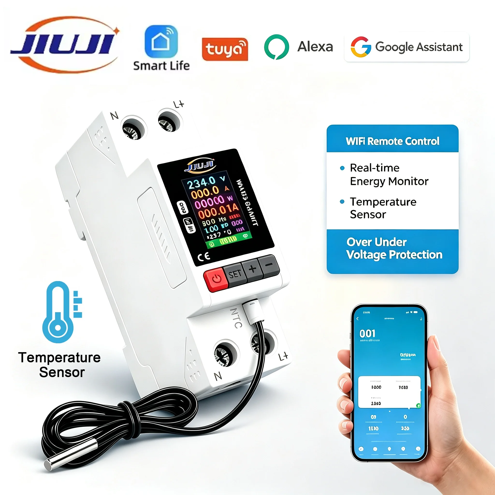 JIUJI DIN Rail WiFi Smart Circuit Breaker Tuya App LCD Energy Meter Remote Control Over‑under Voltage Protection JJMVPD‑63LWM