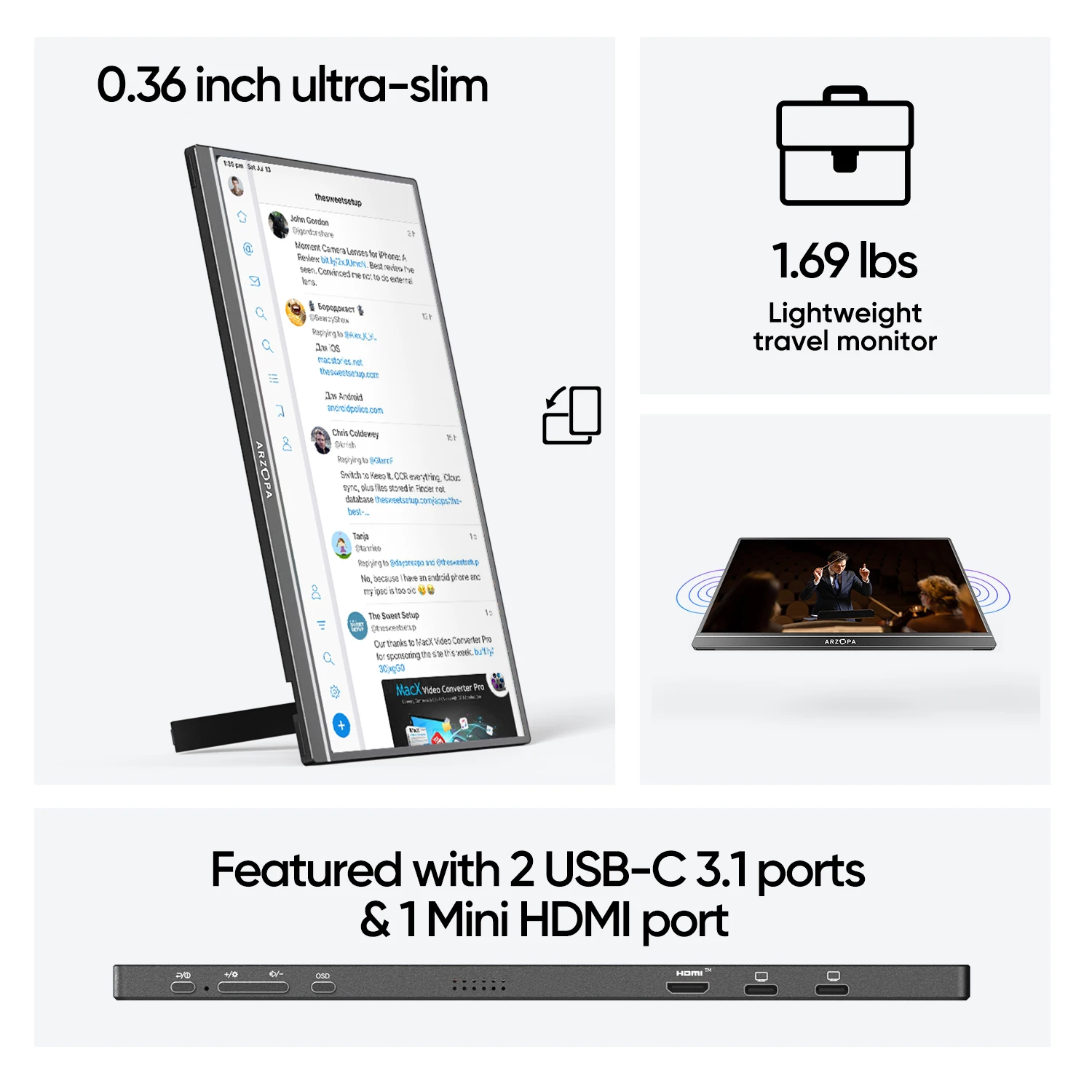 ARZOPA 17.3 FHD Portable Monitor 1080P External Display IPS Screen with USB C mini-HDMI Port for Laptop Mac PC Xbox PS Switch