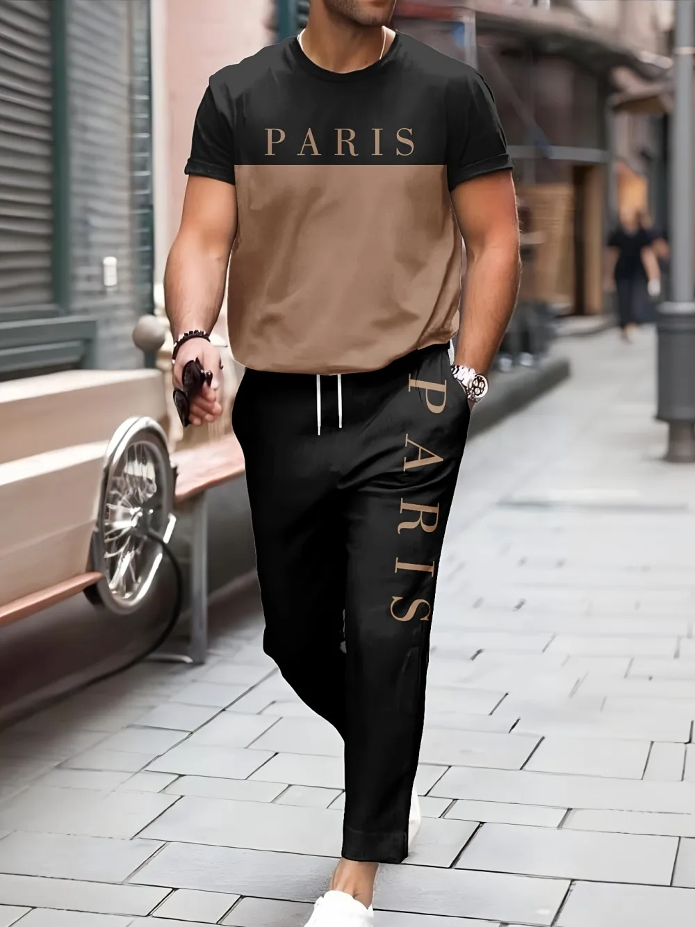 

Summer Men's Fashion Breathable Paris Printed Breathable Comfortable Round Neck T-shirt Pants Set Outdoor Casual Clothing