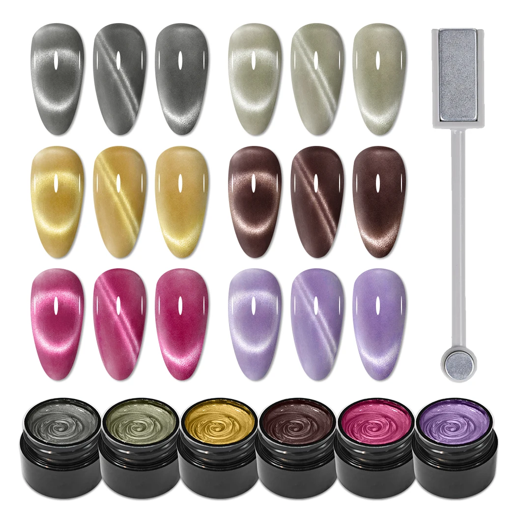 

FTMY 6-Color Magnetic Cat Eye Nail Polish Set - Mirror Silk Effect Cat Eye Gel Nail Polish Set, with magnetic stick, requires LE