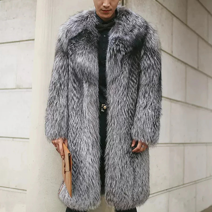 New Men\'s Genuine Real Sliver Fox Fur Long Fur Coat Natural Fox Fur Knee-Length Winter Warm