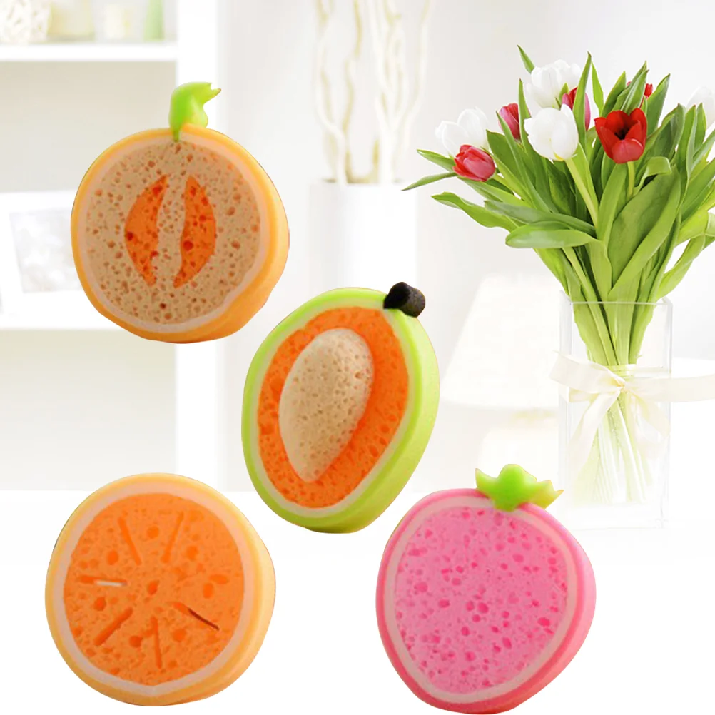 4pcs Durable Fruits Shaped Cleaning Sponge Eraser Strong Decontamination Washing Brush (Mango, Strawbery, honeymelon, orange)