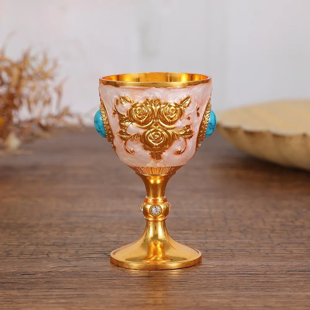 Flower Embossed Rose Chalice Goblet Rhinestone Zinc Alloy Synthetic Turquoise Wine Cup Vintage Decorative