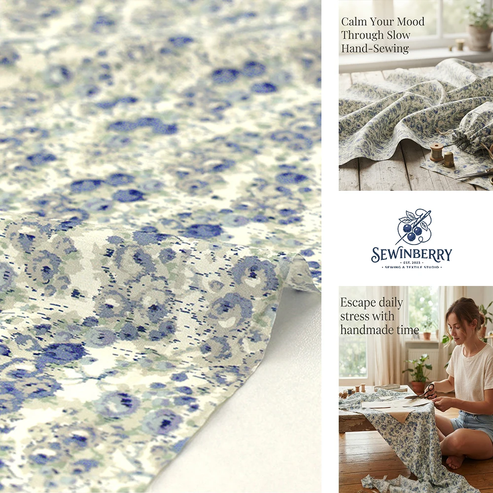 Fresh Pastoral Blue Floral Printed Fabric Stress-Relief DIY Sewing Material For Dress Blouse And Hand Patchwork Crafts
