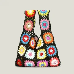 Borse da donna a quadri con fiori all'uncinetto bohémien borse a mano tessute piccole borse da spiaggia Casual estive treccia Bali borse 2022 Sac