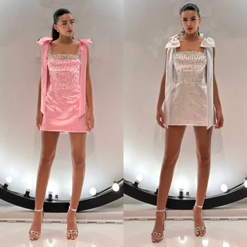 Personalizado exquisito arco plisado Rhinestone A-line cuello cuadrado vestidos cortos quinceañera a juego tamaños intrincados disponibles chispa