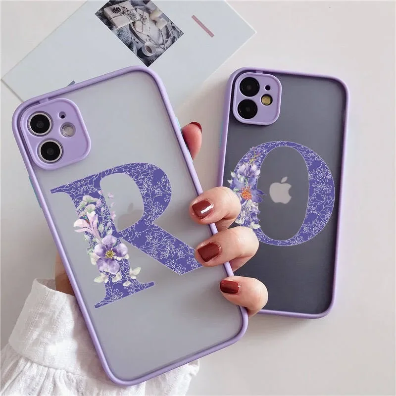 Retro Purple Flower Letter Clear Phone Case For iPhone 16 15 14 13 Pro Max Plus Shockproof Hard Transparent Back Cover Fundas