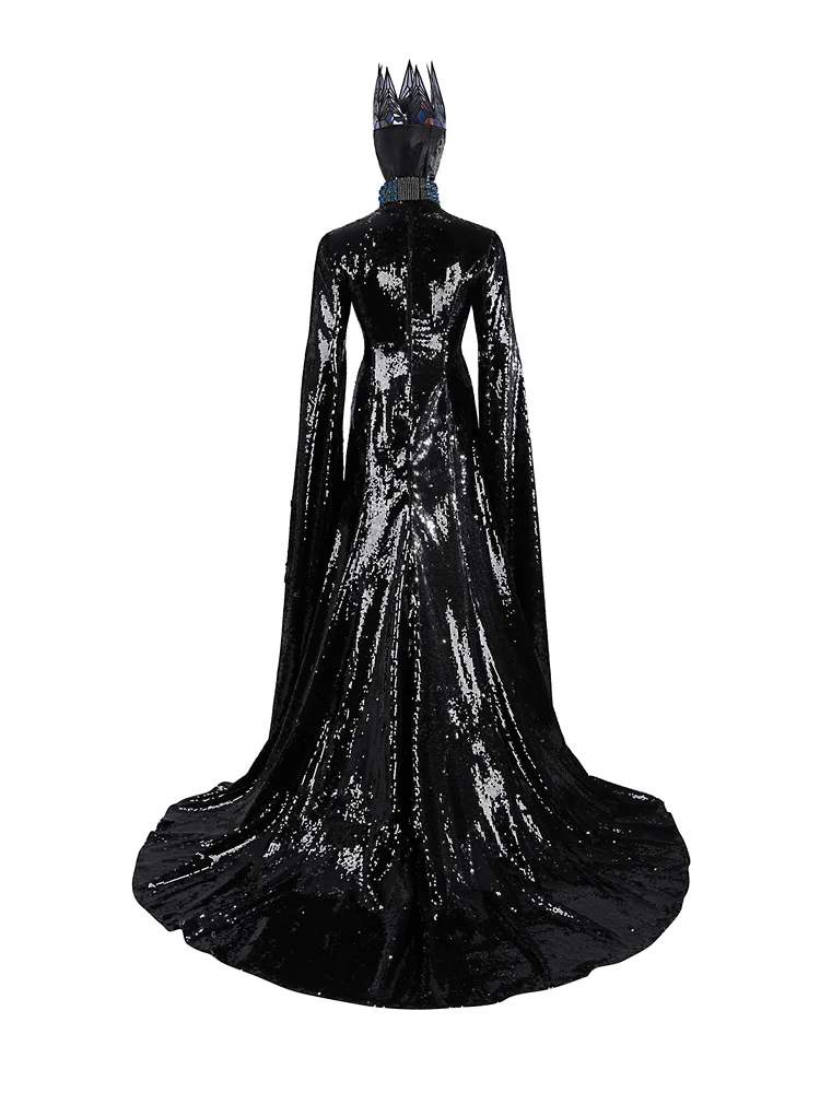 فيلم الشر الملكة تأثيري حلي المرأة الخيال أسود فستان طويل تاج زوجة الأب هالوين كرنفال ملابس الحفلات