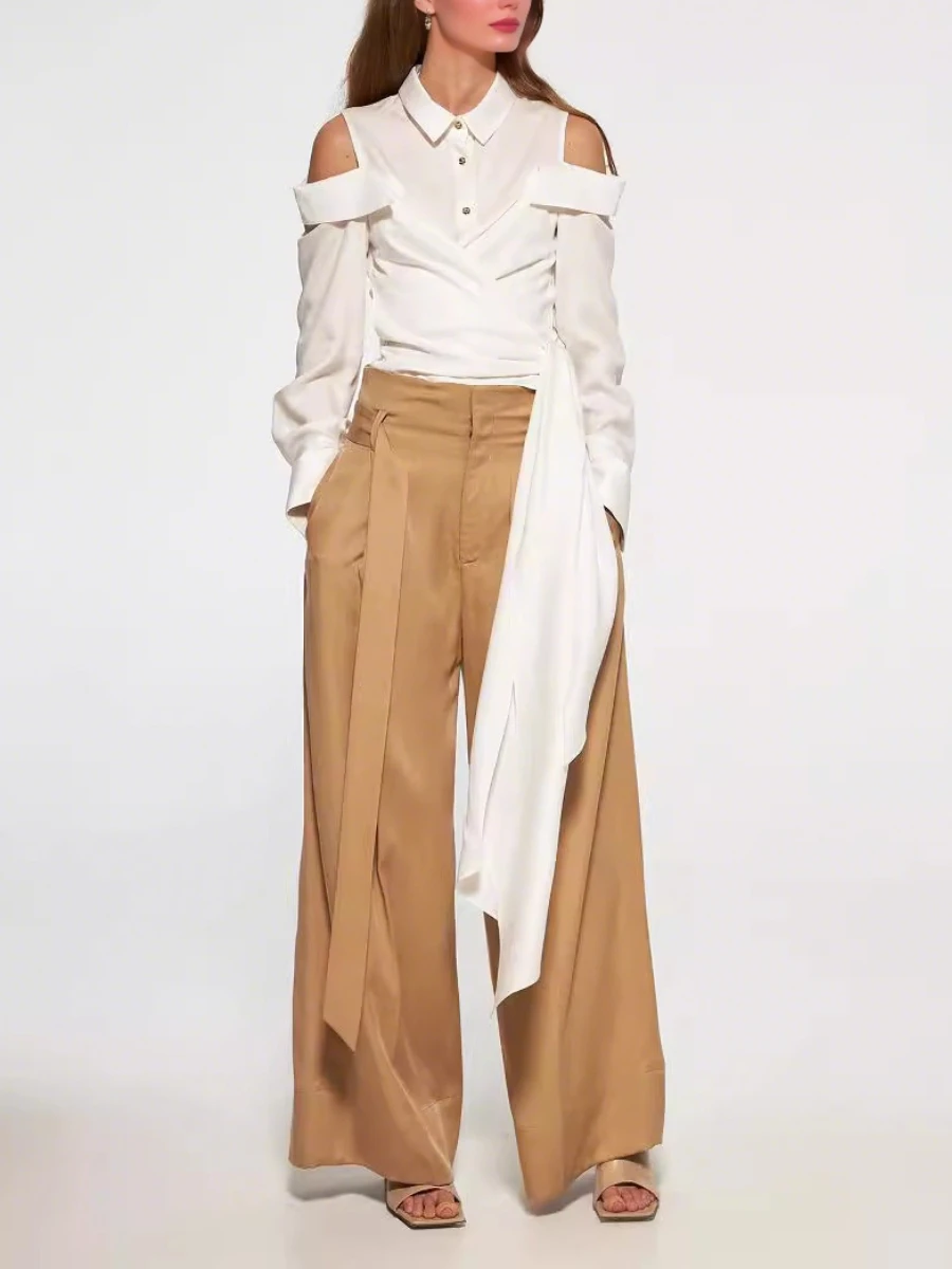 CHICEVER Sexy Basic Style Solid Shirt for Women Lapel Long Sleeve Off Shoulder Spliced Bandage Temperament Shirts Female Summer