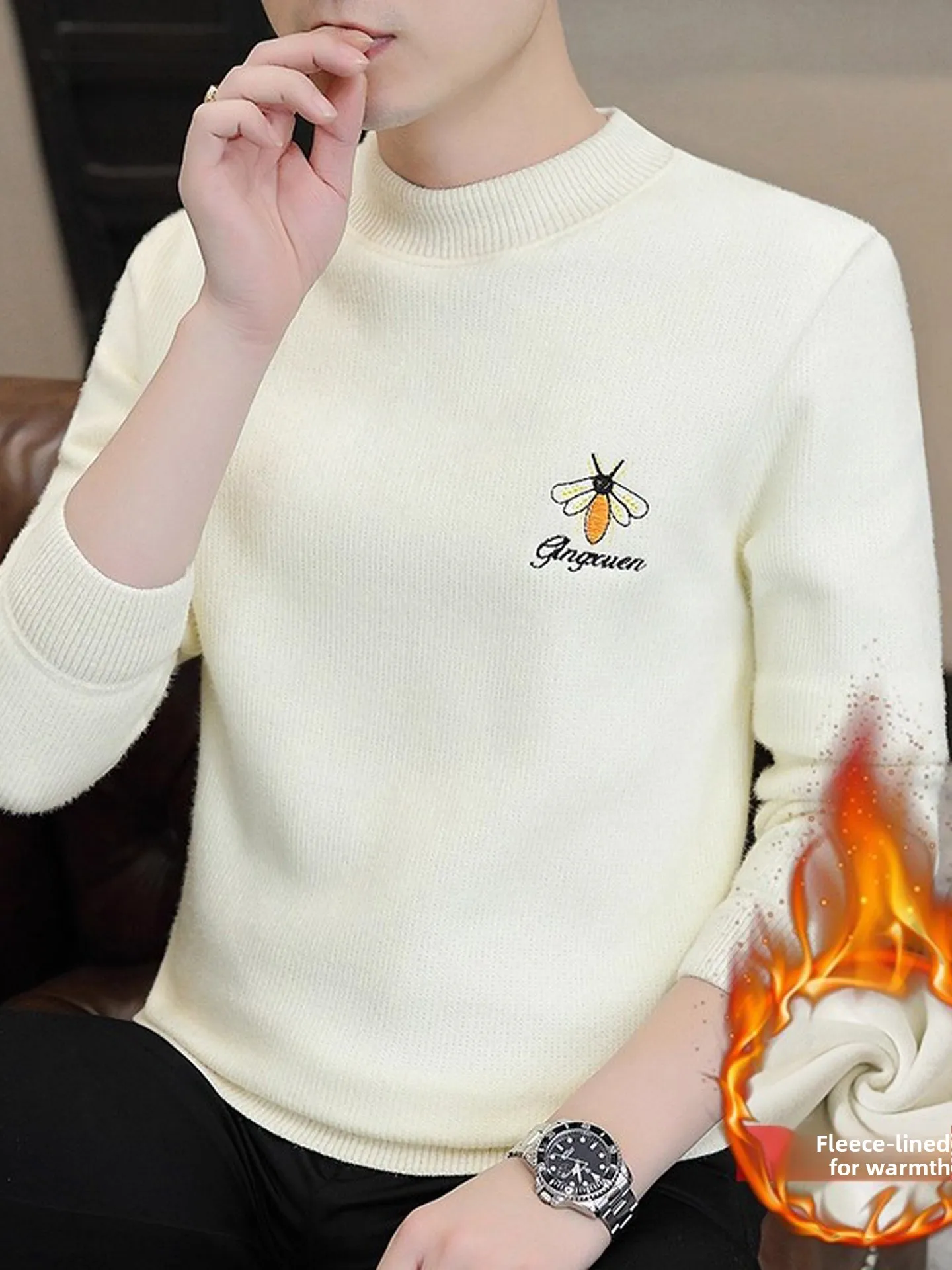 

Мужской утепленный шерстяной вязаный свитер с высоким воротником, на флисовой подкладке, с вышивкой, теплый зимний повседневный топ