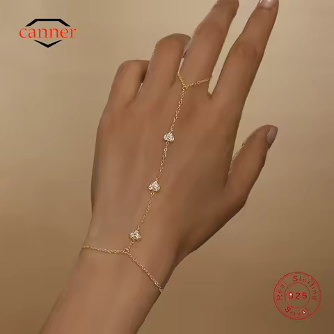 CANNER 925 Sterling Silver Heart Shape Petal CZ Sparking Zircon Bracelet Ring Chain For Women Minimalism Hand Chain Bracelets