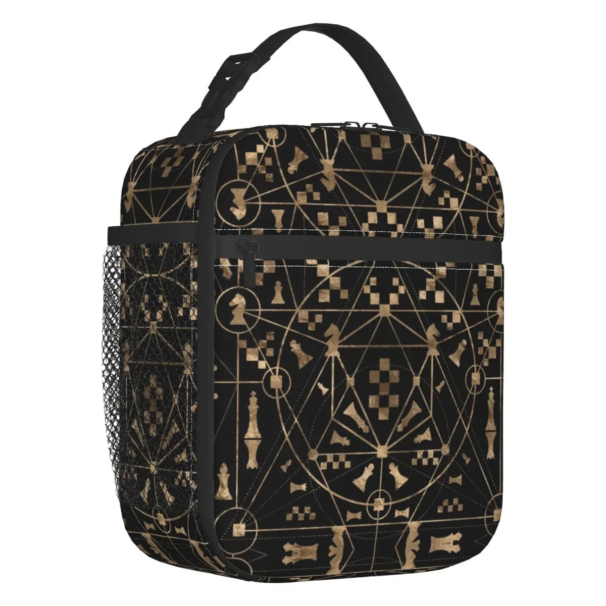 

Sacred Geometry Ornament With Chess Pieces Lunch Box Women Board Game Thermal Cooler Food Insulated Lunch Bag School Children