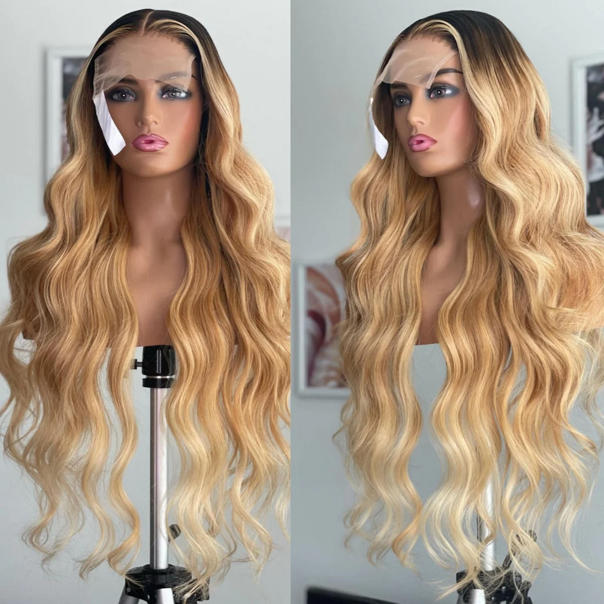 واقعية العسل شقراء الاصطناعية الدانتيل الباروكات مع جذور داكنة متنوعة موجة عميقة سهلة الصيانة ألياف سمراء شعر مستعار تأثيري #5