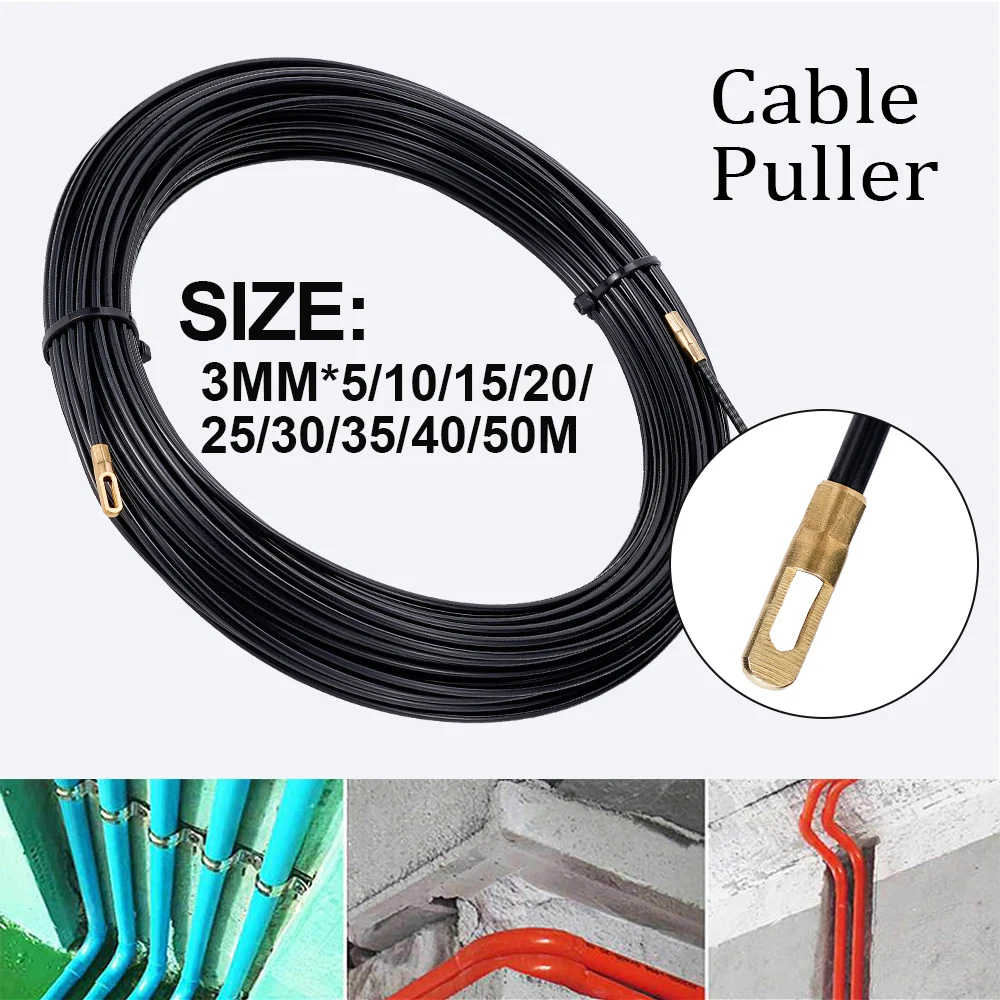 3MM Cable Push Puller Fiberglass Black Electric Guide Device Duct Snake Rodder Fish Tape Wall Wire Conduit 5 Meter to 40 Meter