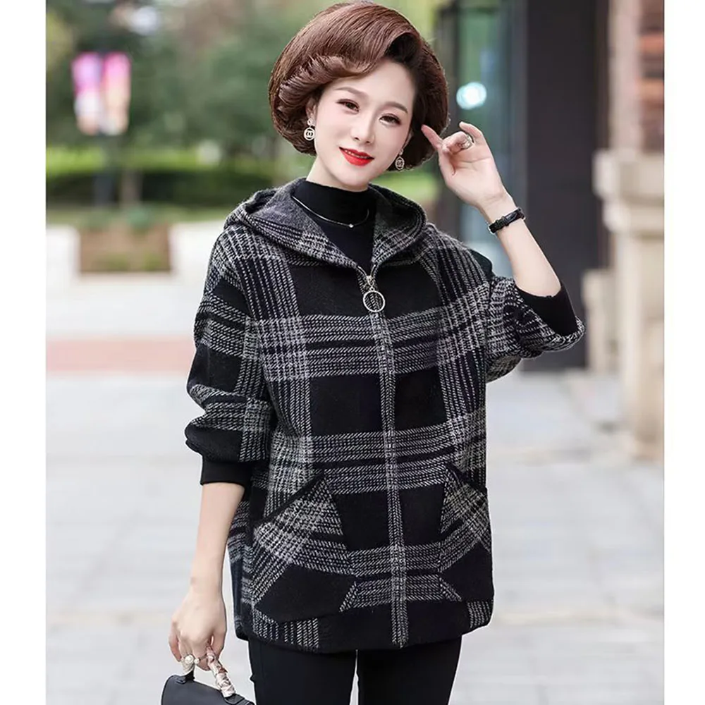 4XL Large Size Knitted Cardigan Zipper Jacket Middle Aged Mother Korean Hooded Sweater Coat Spring Fall Casual Women Plaid Tops