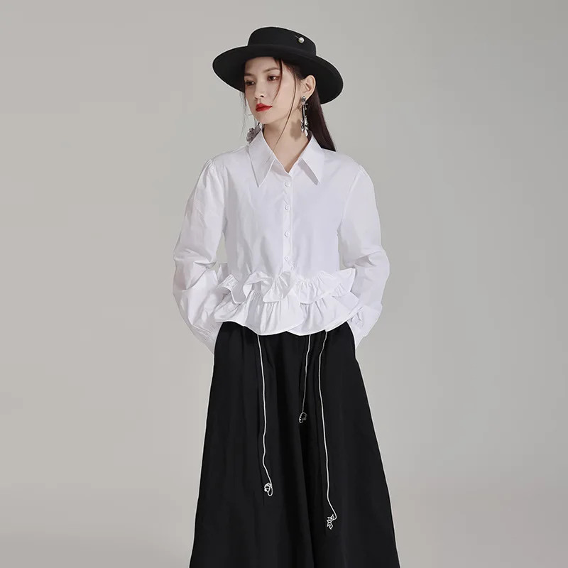 Fashionable design, pleated three-dimensional wooden ear edge shirt, 2024 spring clothing new unique short top