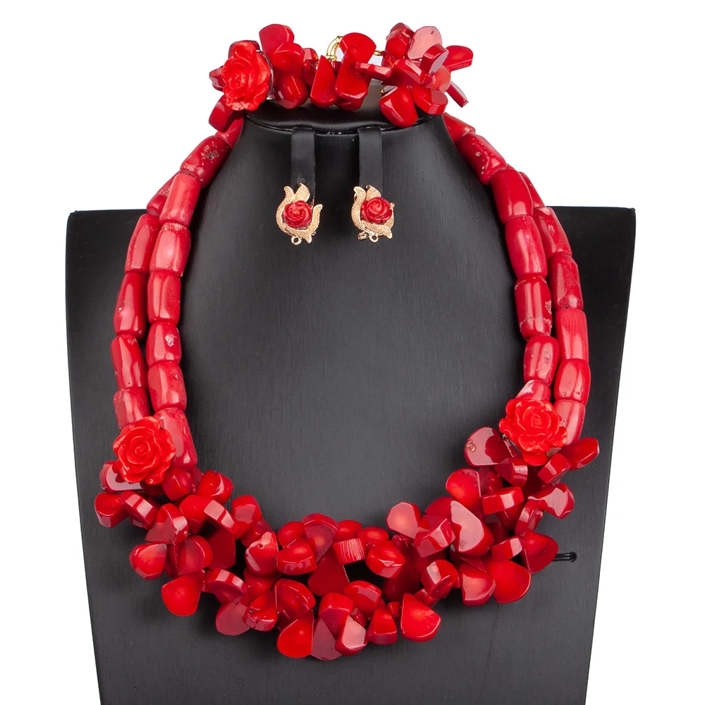 

Quality Real Original Coral Jewelry Set Bridal Necklace Bracelet Earrings Set Flower Jewelry Nigerian Wedding Coral Beads ABG169