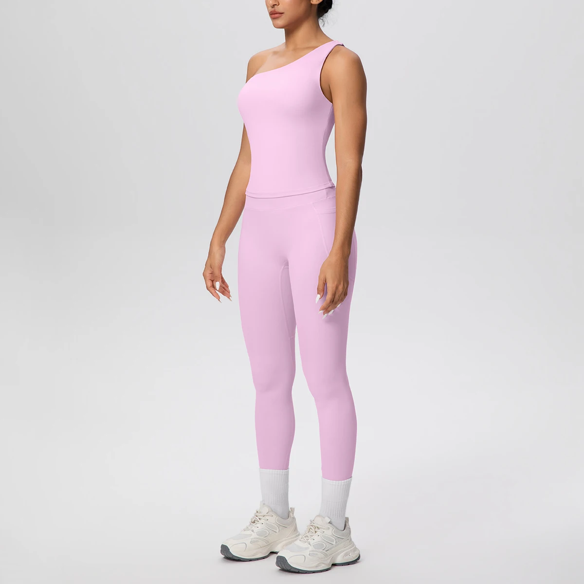 Hamidou Sports Yoga Set Women's Gym Running Cycling Peach Buttocks Pockets Pants Sexy Back Single Shoulder Bra Customizable Logo
