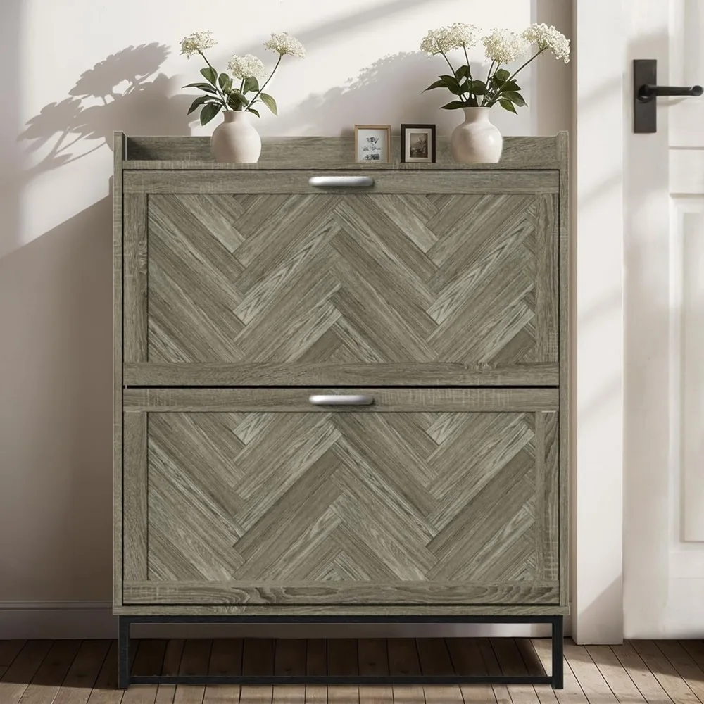 خزانة تخزين الأحذية على طراز المزرعة مع درجين، منظم أحذية ضيق للمدخل، رف مخفي بأرجل معدنية