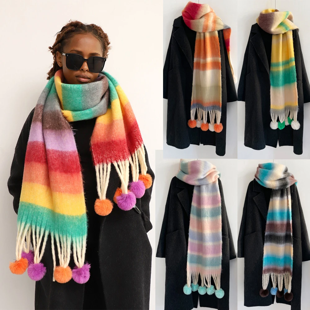 

Winter Scarf Women Cashmere Warm Pashmina Blanket Wraps Female Thick Soft Bufanda Shawl Long Colorful Pom-pom Poncho Echarpe