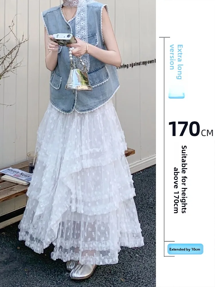 

Пышная асимметричная юбка-трапеция из кружева с вышивкой для женщин, весенняя, милая, средней длины, с эффектом пэчворк