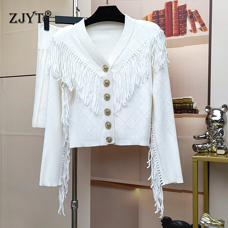 ZJYT Autumn Winter Women's Tassel Sweaters Knitted Cardigan Tops Skirt Suit Two Pieces Matching Set Elegant Outfit White Black