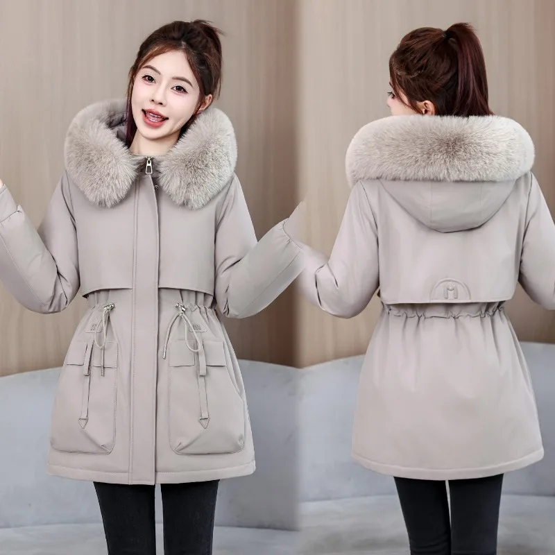 Women Hooded Parka with Large Faux Fur Collar Autumn Winter Drawstring Waist Mid-length Thick Windproof Warm Padded Coat