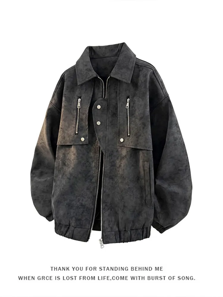 

Мужская кожаная куртка в американском ретро-стиле с эффектом тай-дай, с коротким воротником, в бейсбольном стиле, весна-осень, высококачественная деконструированная рабочая одежда