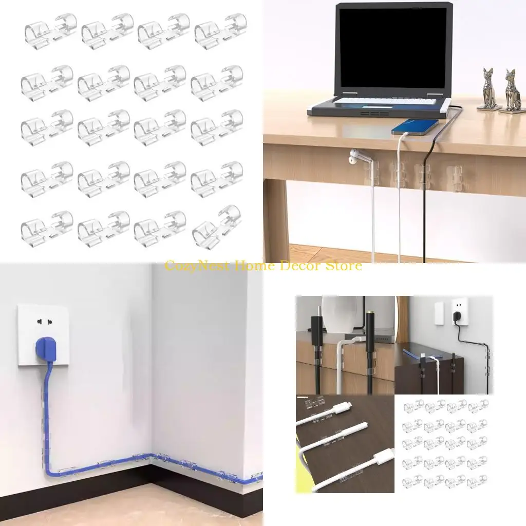 92MF Adhesive Cable Management Clip Clear Cable Organizers Cord Holder Wire Clip Sticky Cable Wire for Car Office Home
