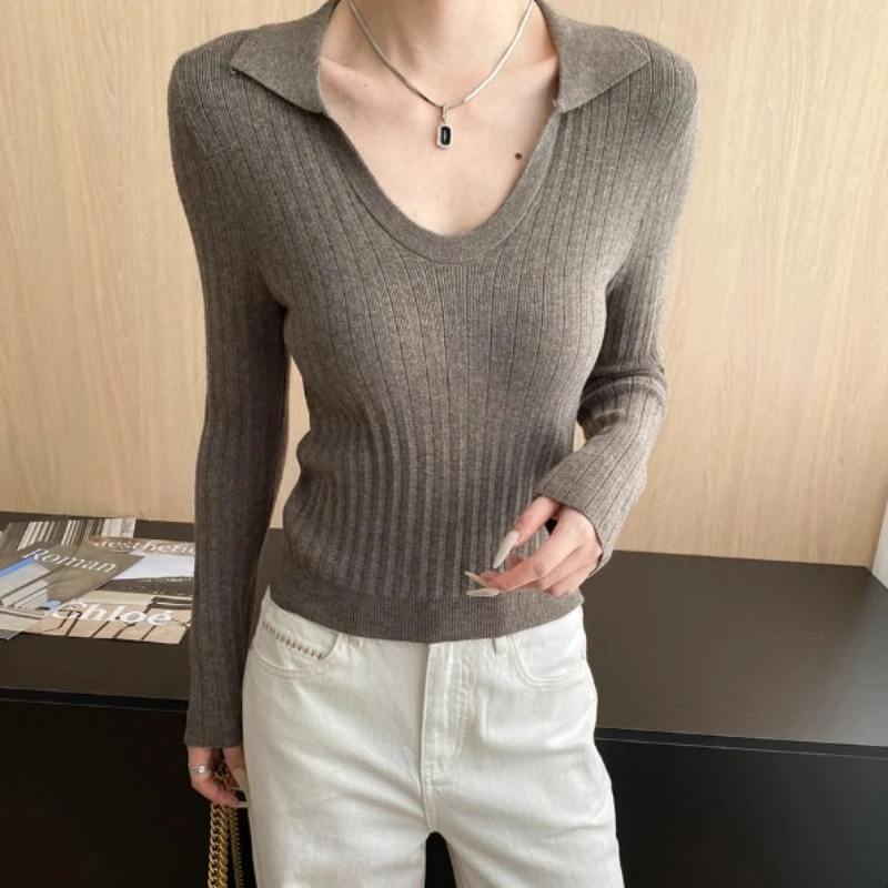 

Pullovers Women Sweaters U Neck Full Sleeve Jumpers Y2k Streetwear Elegant Splice Knit Casual Slim Fit Autumn Winter 2025