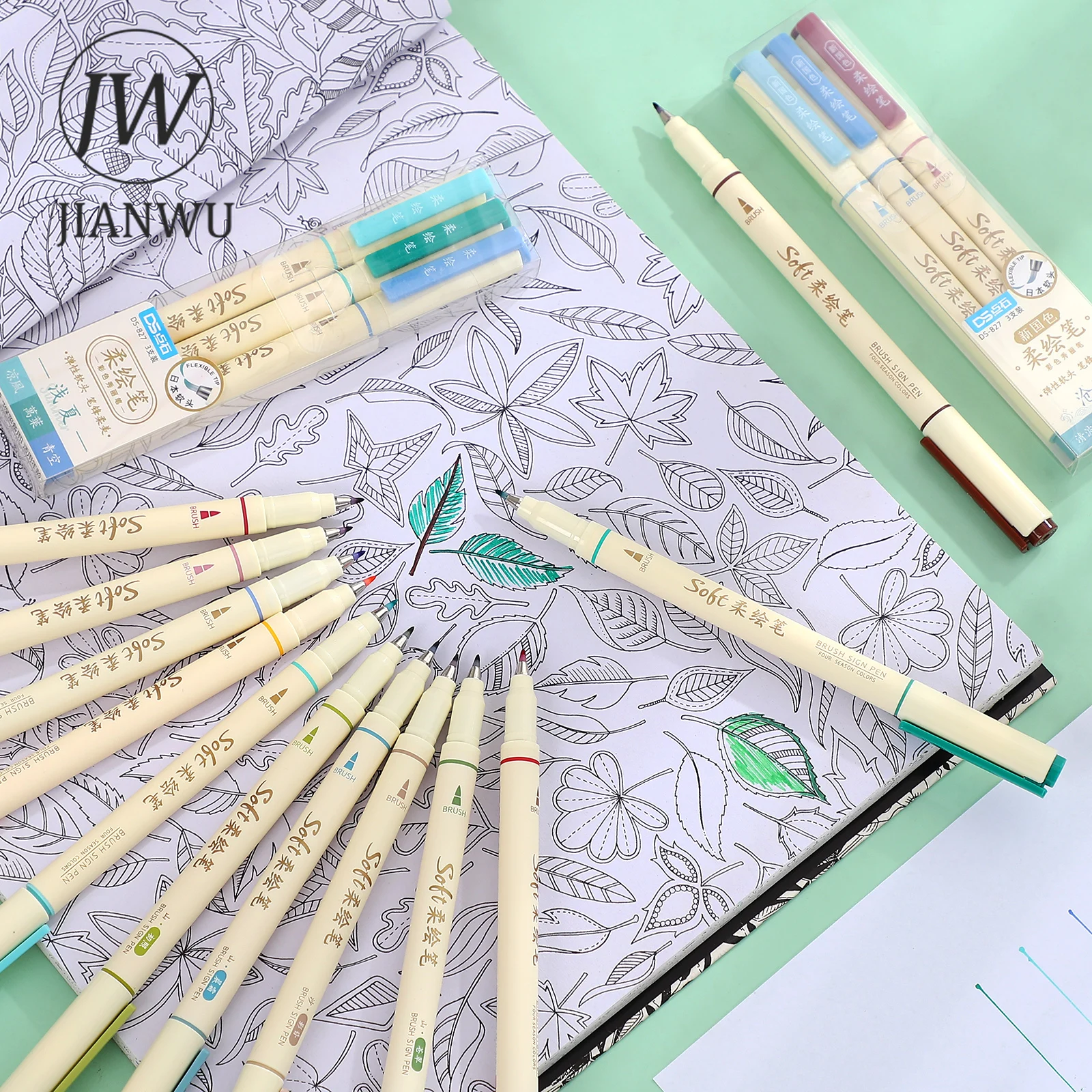 JIANWU 3 Pcs/Set  Four Seasons Soft Painting Pen Student Drawing Writing DIY Journal Art Markers Pens Stationery School Supplies