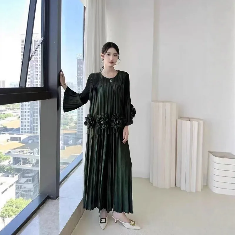 Miyake – ensemble pantalon plissé plissé, nouvelle mode pliable, fleurs tridimensionnelles, haut en perles, pantalon à jambes larges, ensemble de 2 pièces, printemps 2026