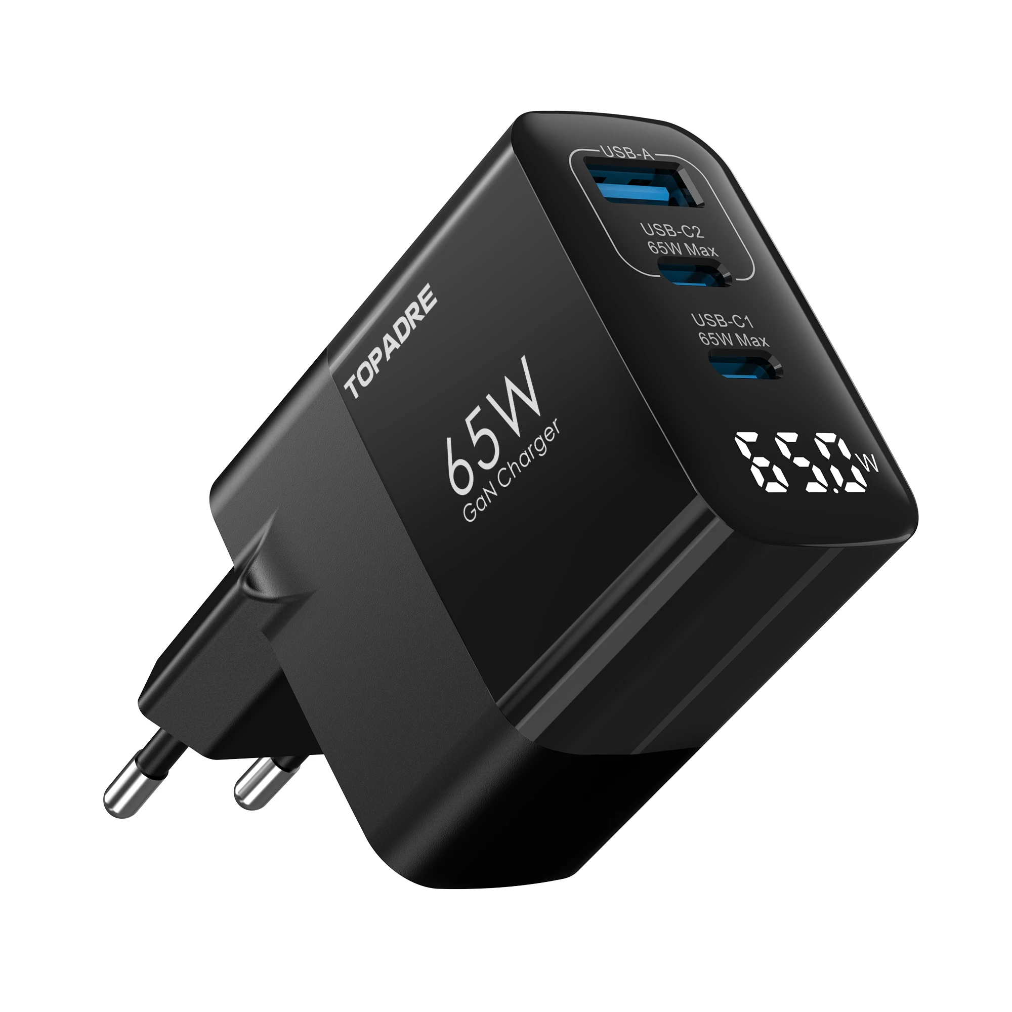 EU plug 65W 3-Port USB-C Charger with LED Display,  Fast Charging for MacBook, iPad Pro/Air, iPhone 17/16/15/14, Samsung