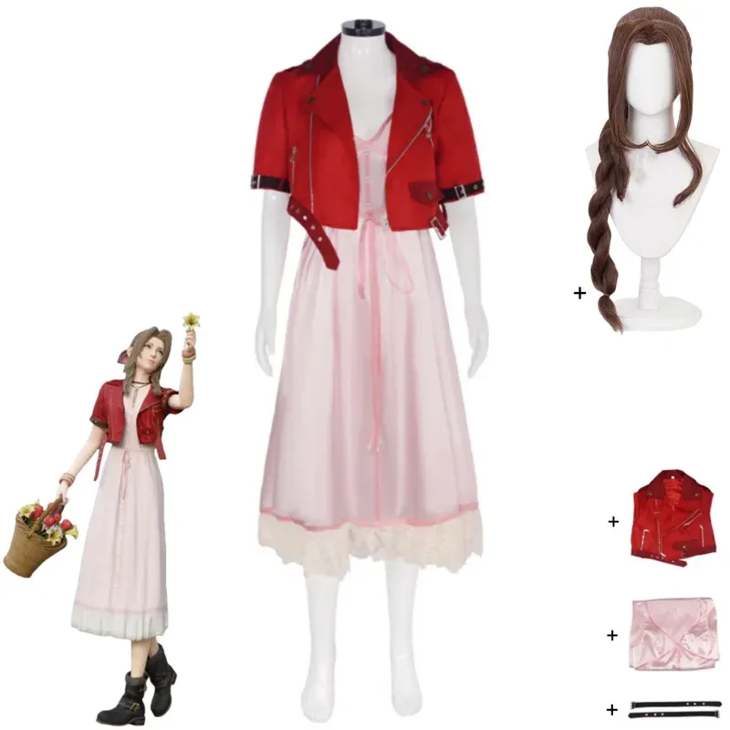 Juego Final Fantasy VII Remake Aerith Gainsborough disfraz de Cosplay abrigo rojo vestido rosa peluca mujer Sexy carnaval traje de Navidad