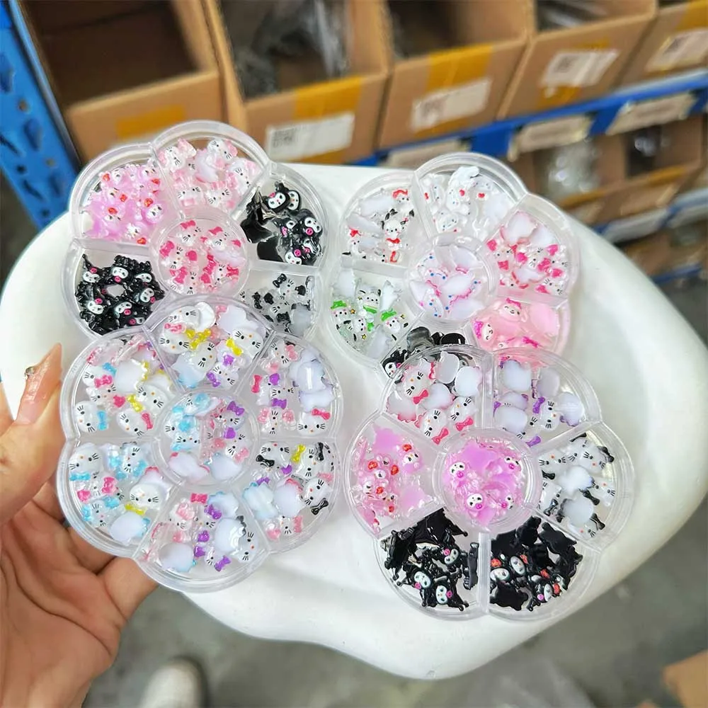 70Pcs/Box Kawaii Hello Kitty Nail Charms Cartoon Kuromi Pink Bow Nail Art Rhinestones Flat Back Y2K Cute Manicure Jewelry Decoor