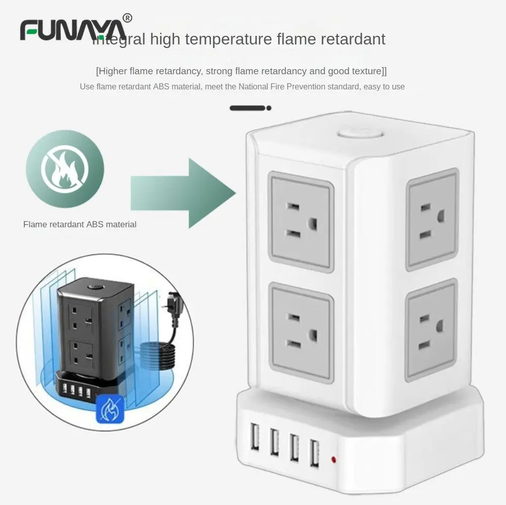 Table Tower Power Strip Sockets UK US Plug 8 Utlets 4 USB AC110V 220V 10A 2500W White Home Office Overload Protection Socket