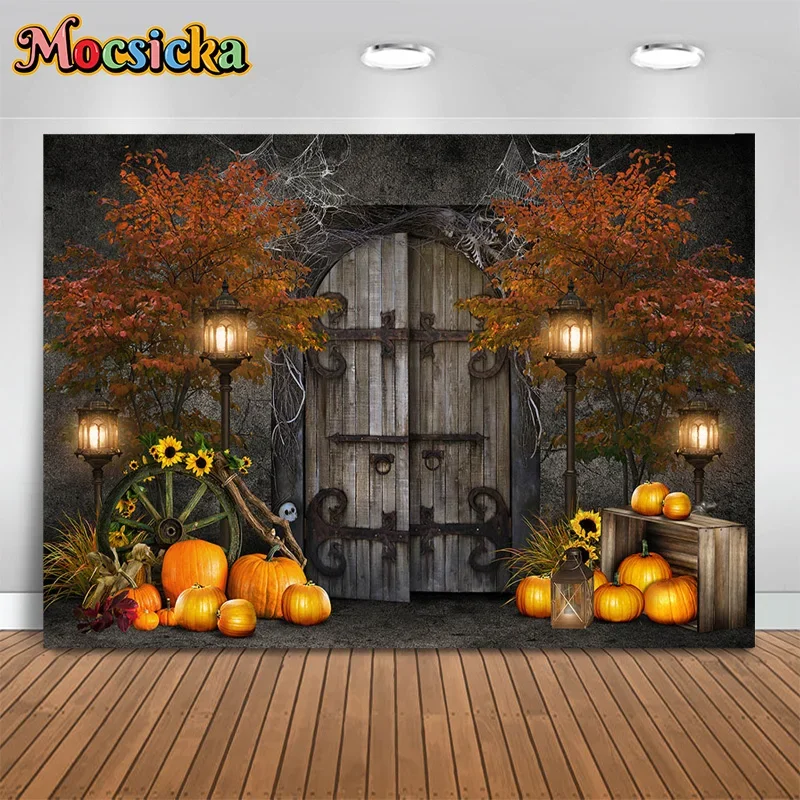 

Mocsicka Halloween Photography Background Maple Leaf Wooden Door Pumpkin Scary Night Cute Kids Artistic Portrait Banner