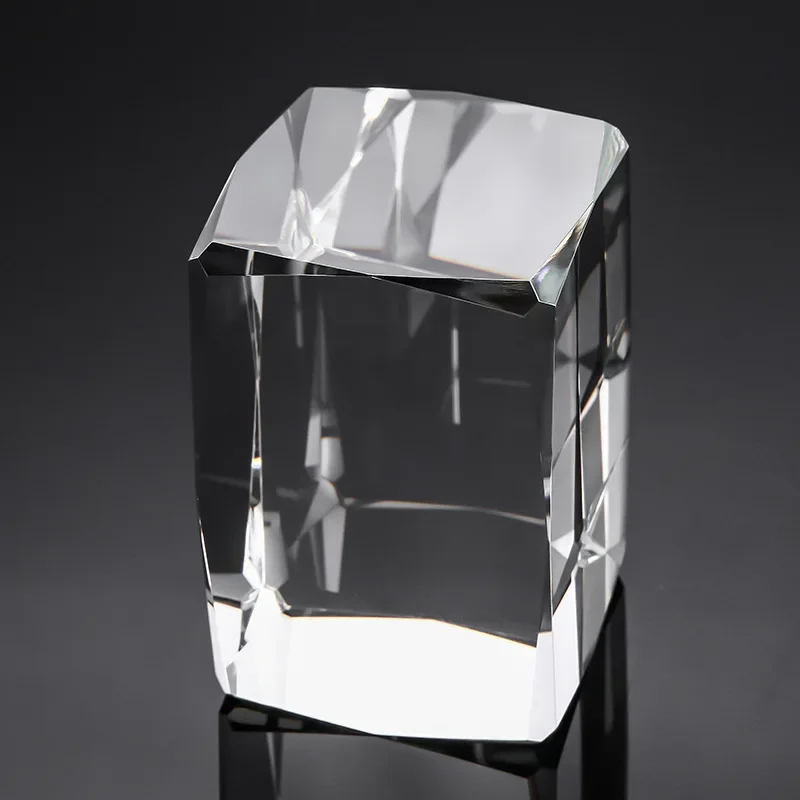 Transparent K9 crystal cube with carved cube body artwork, pyramid crystal glass block base