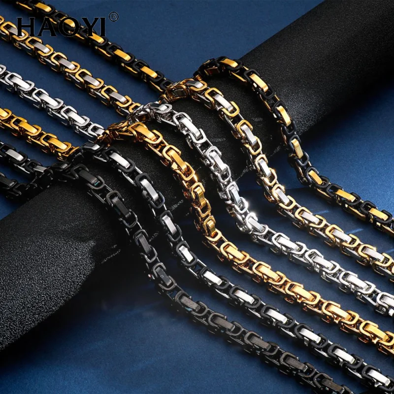 4/6/8mm Width Black & Gold Color Stainless Steel Byzantine Link Chain Necklaces For Men Rock Punk Style Cool Party Jewelry Gift