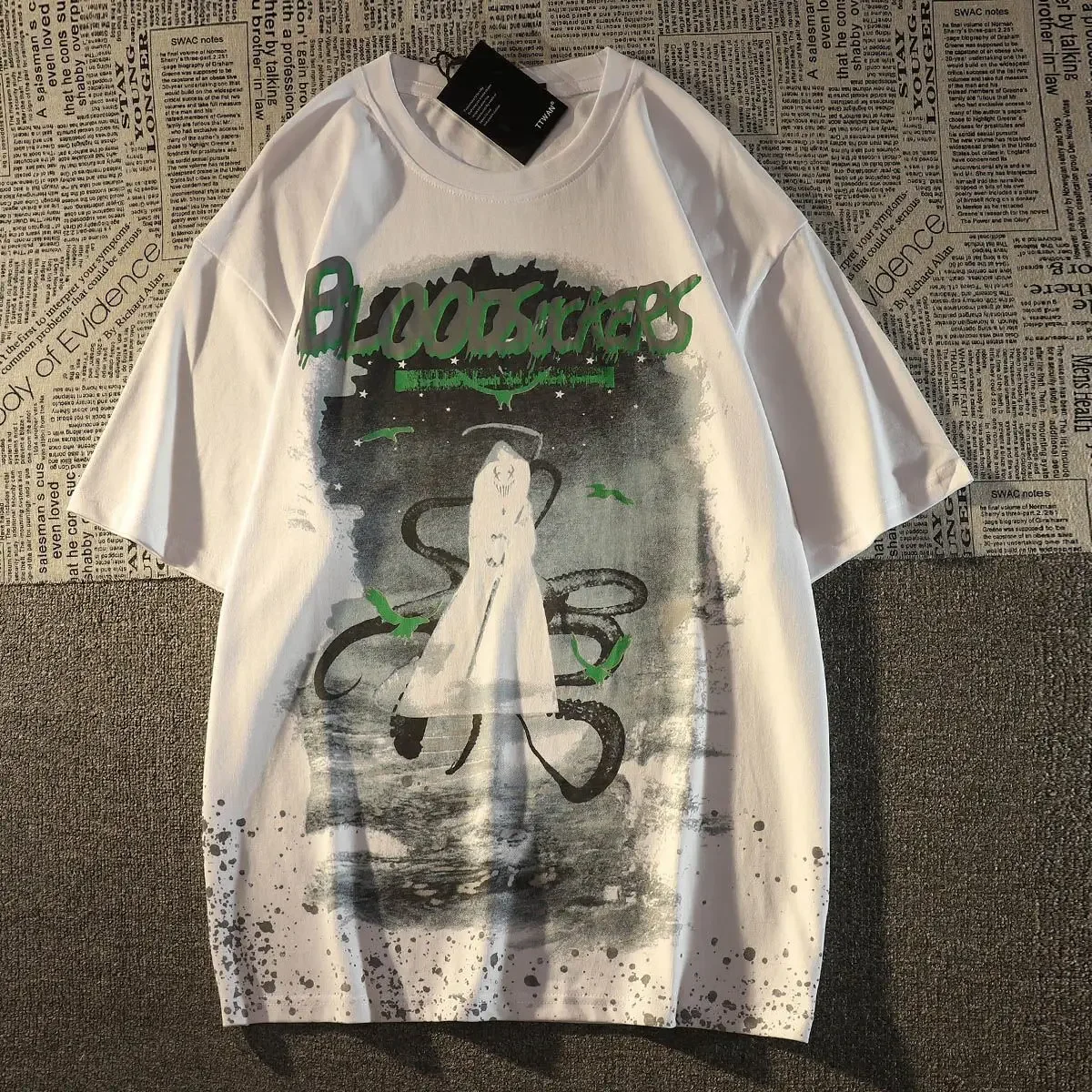 American Cotton High Street Dark Death Short Sleeve T-shirt for MenSummer Loose Versatile Hip Hop Couple Half Sleeve Topins