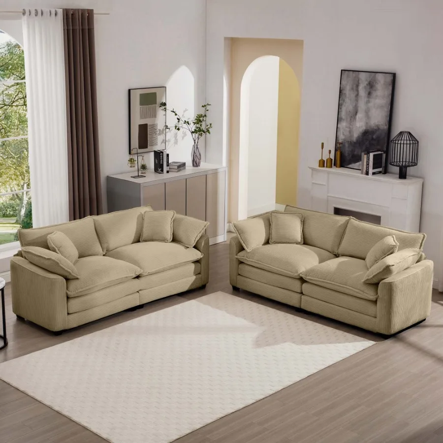 

Modern Fabric Living Room Sofa Two Piece Set Two 2Seater Sofas with 8 Cushion Upholstery Large Deep Seat Recliner Tan Corduroy