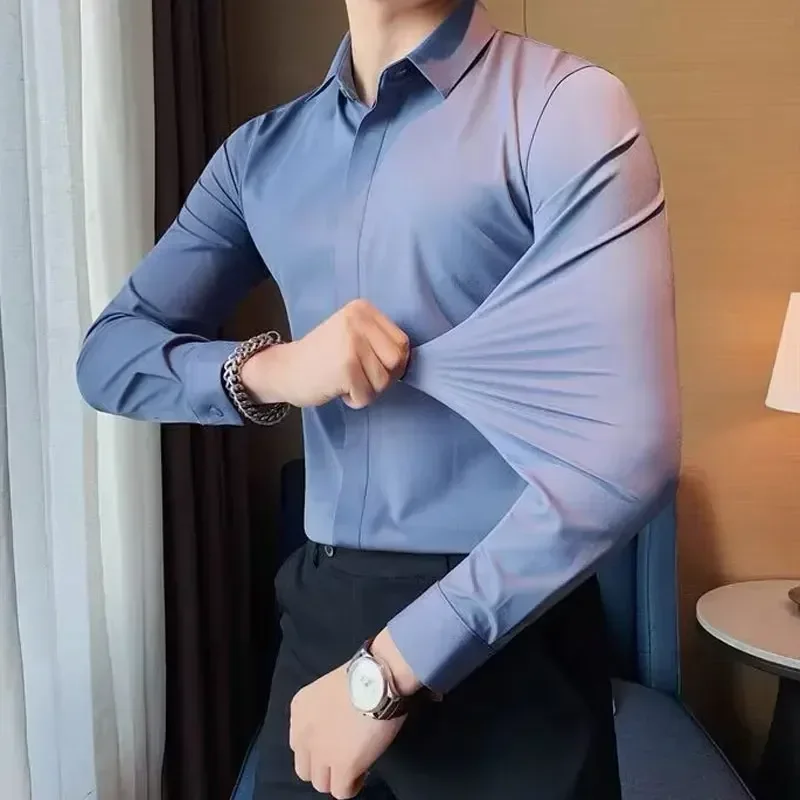 

Long-sleeved men's shirt, high elastic spandex, spring and autumn business casual formal wear, solid color, iron-free, slim fit