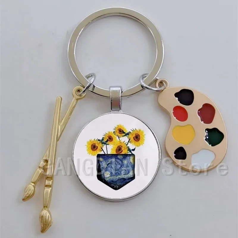 Drip oil palette accessories starry sky illustration, Van Gogh starry sky retro art Van Gogh sunflower aesthetic keychain gift