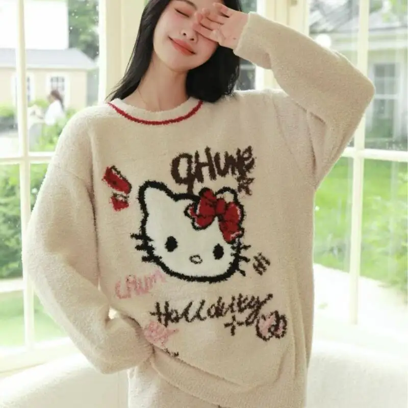 الكرتون صورة طالب Kawaii كيتي القط بيجامة فتاة 2025 الخريف الشتاء جديد أنيمي محبوك المنزل الملبس مجموعة ملابس فضفاضة غير رسمية